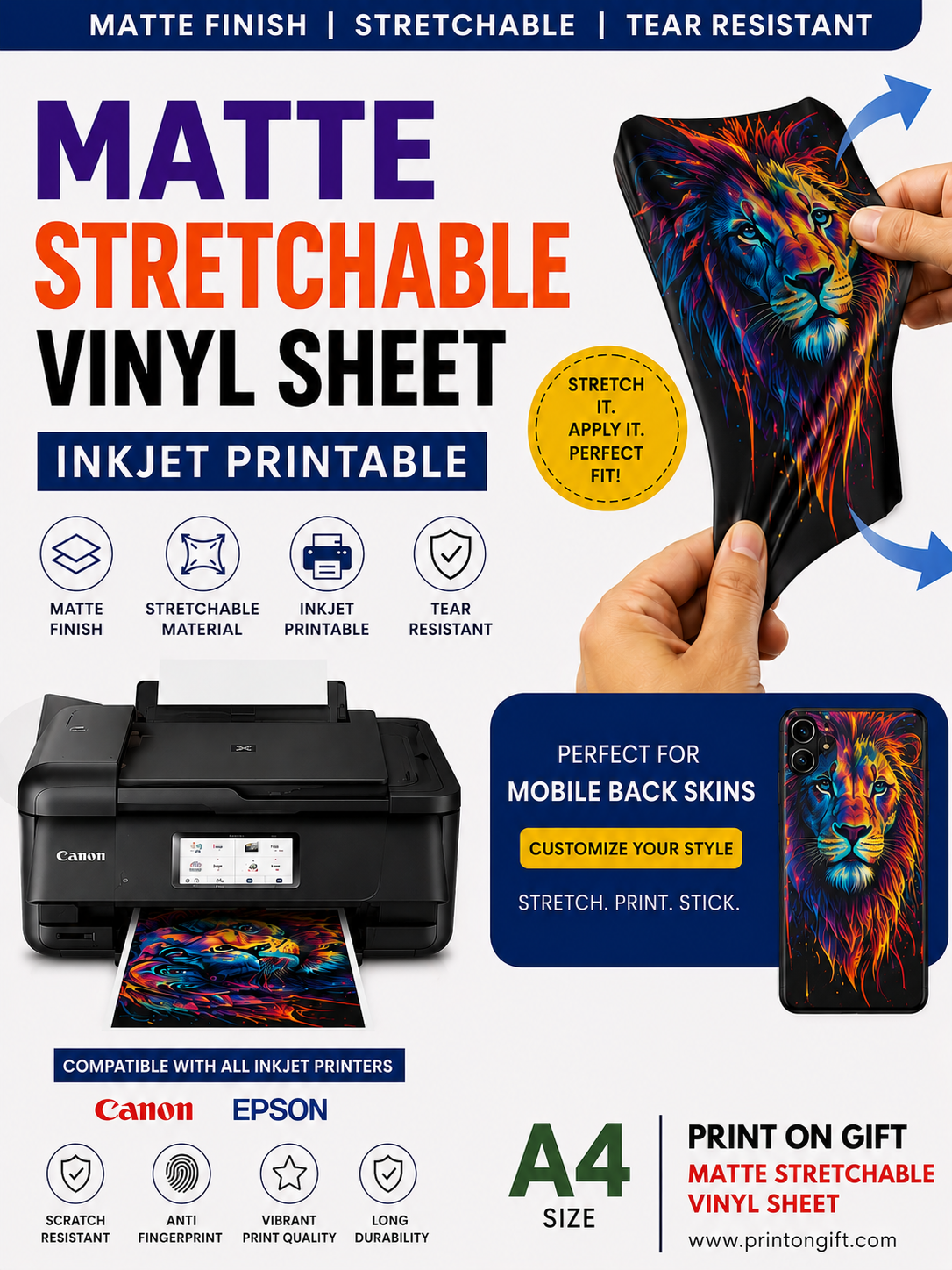Matte Stretchable Vinyl Sticker Sheet for Inkjet Printer